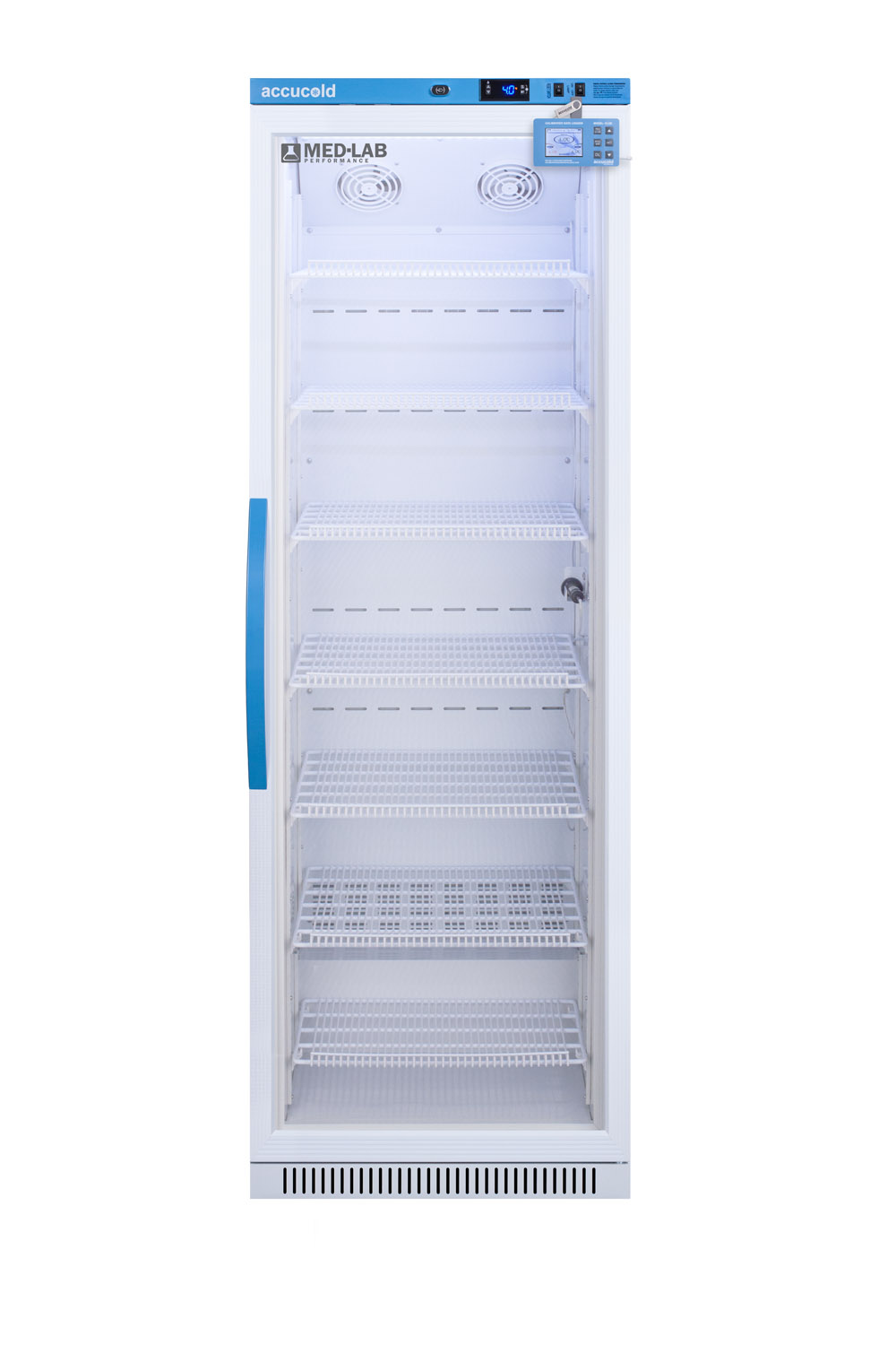 Performance series Med-Lab 15 cu.ft. upright glass door all-refrigerator for laboratory storage with factory-installed data logger, antimicrobial silver-ion handle, and hospital grade cord with 'green dot' plug